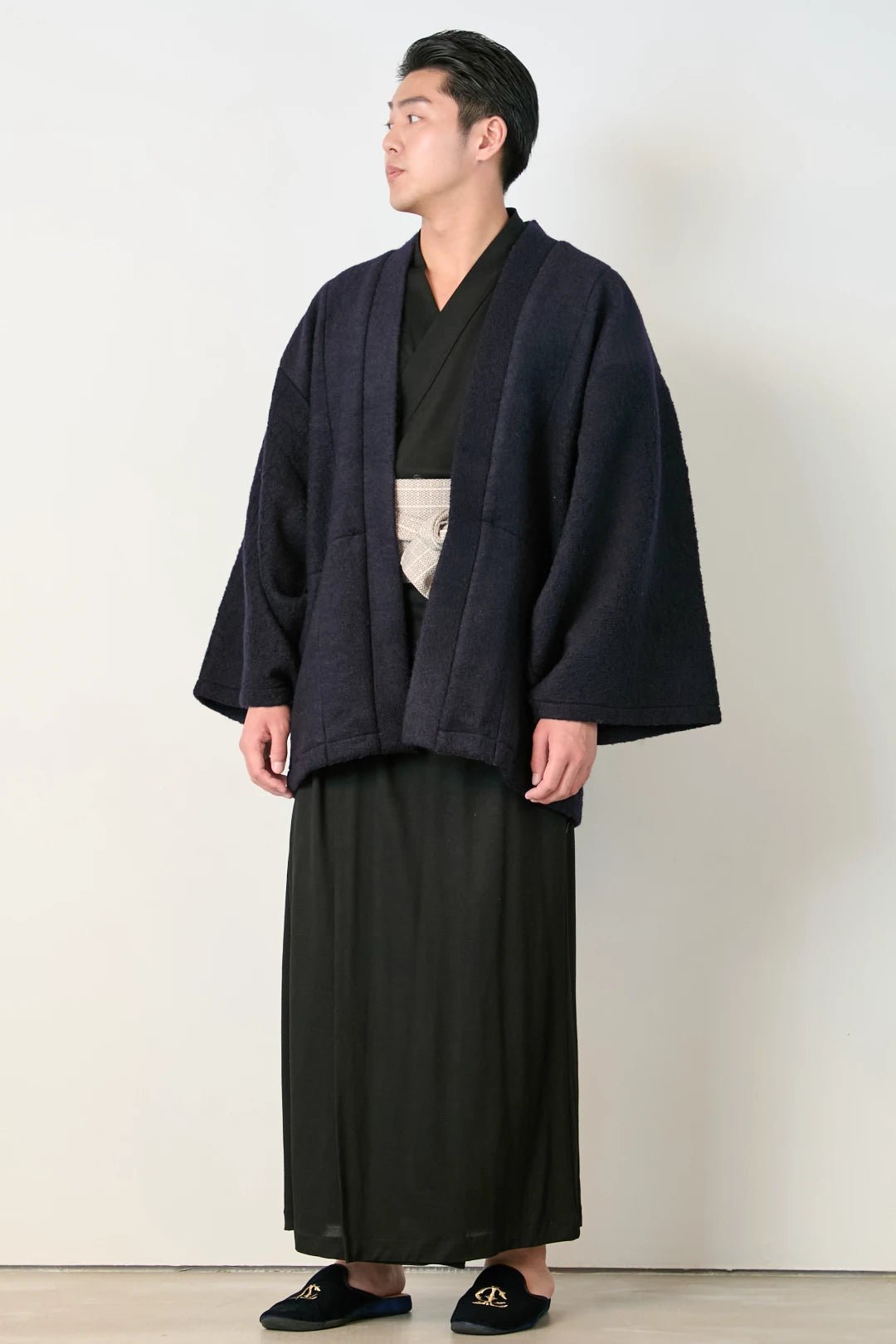 羽織ガウン(尾州ウール) - ネイビ - Haori Gown(Wool) - Navy - Nanafu|YUKATA Roomwear