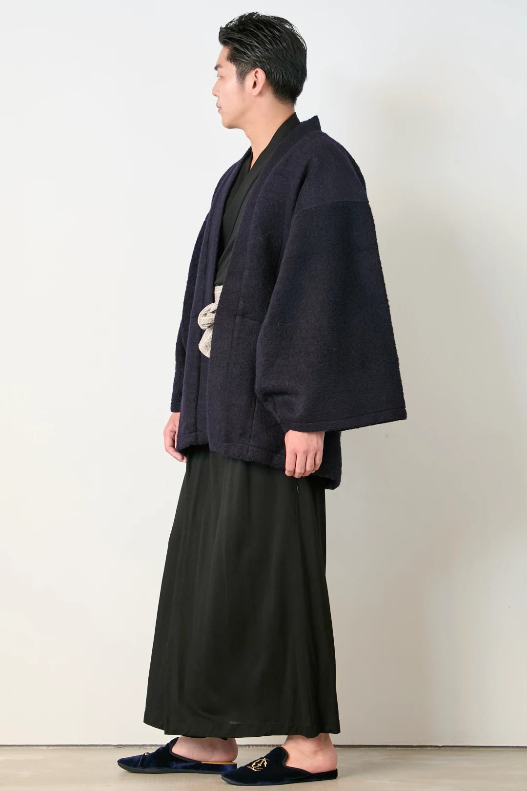 羽織ガウン(尾州ウール) - ネイビ - Haori Gown(Wool) - Navy - Nanafu|YUKATA Roomwear