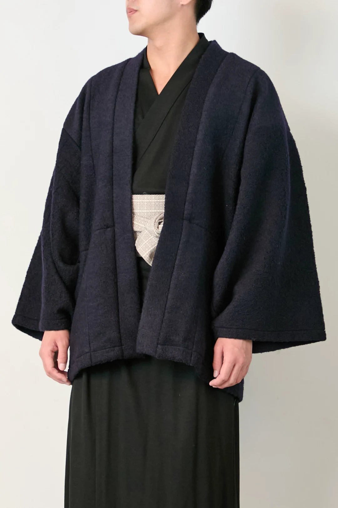 羽織ガウン(尾州ウール) - ネイビ - Haori Gown(Wool) - Navy - Nanafu|YUKATA Roomwear