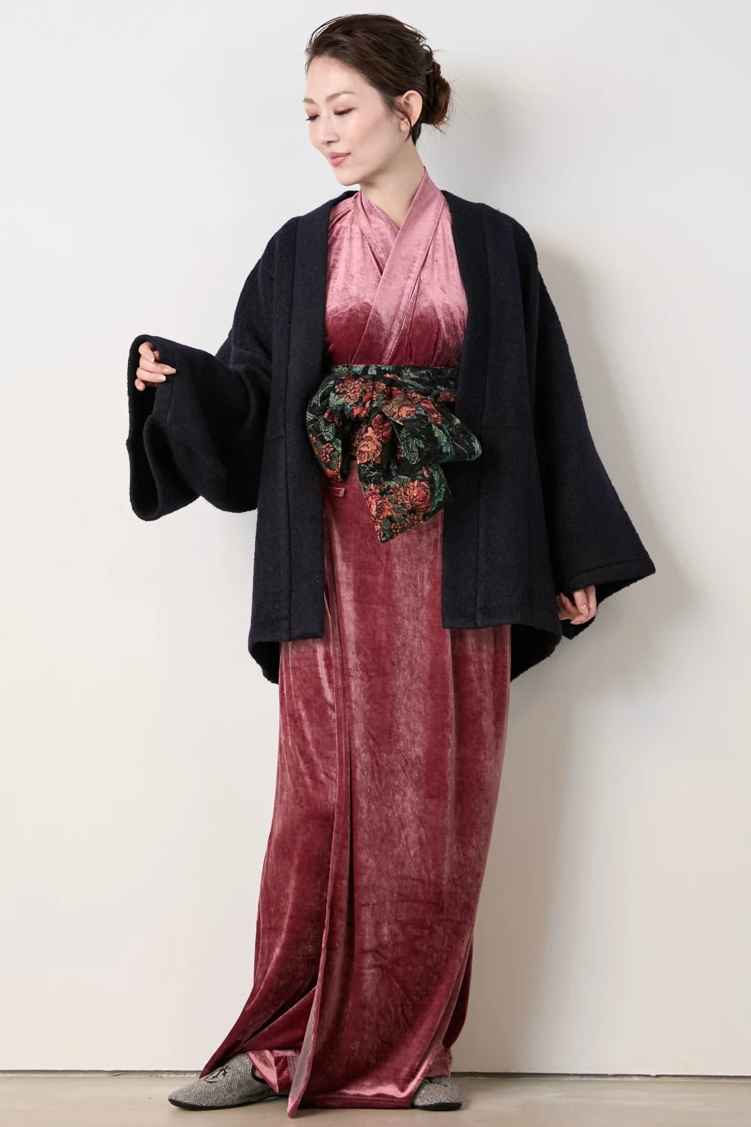 羽織ガウン(尾州ウール) - ネイビ - Haori Gown(Wool) - Navy - Nanafu|YUKATA Roomwear