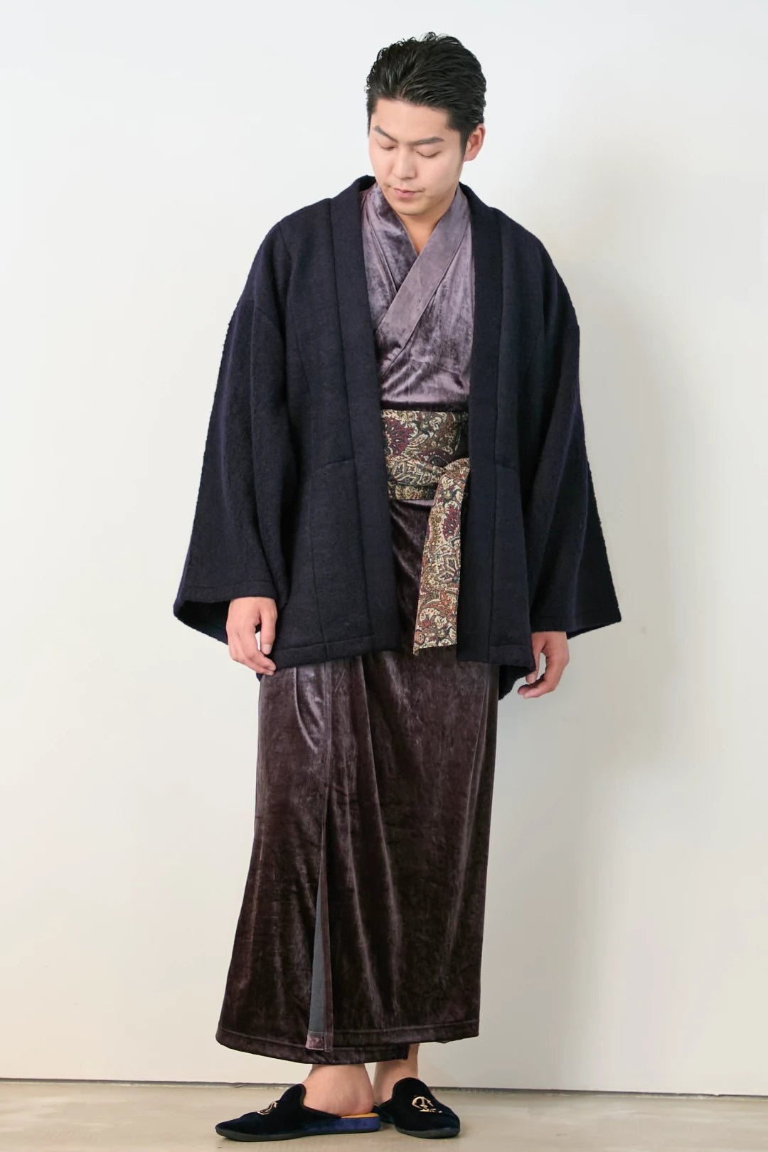 羽織ガウン(尾州ウール) - ネイビ - Haori Gown(Wool) - Navy - Nanafu|YUKATA Roomwear