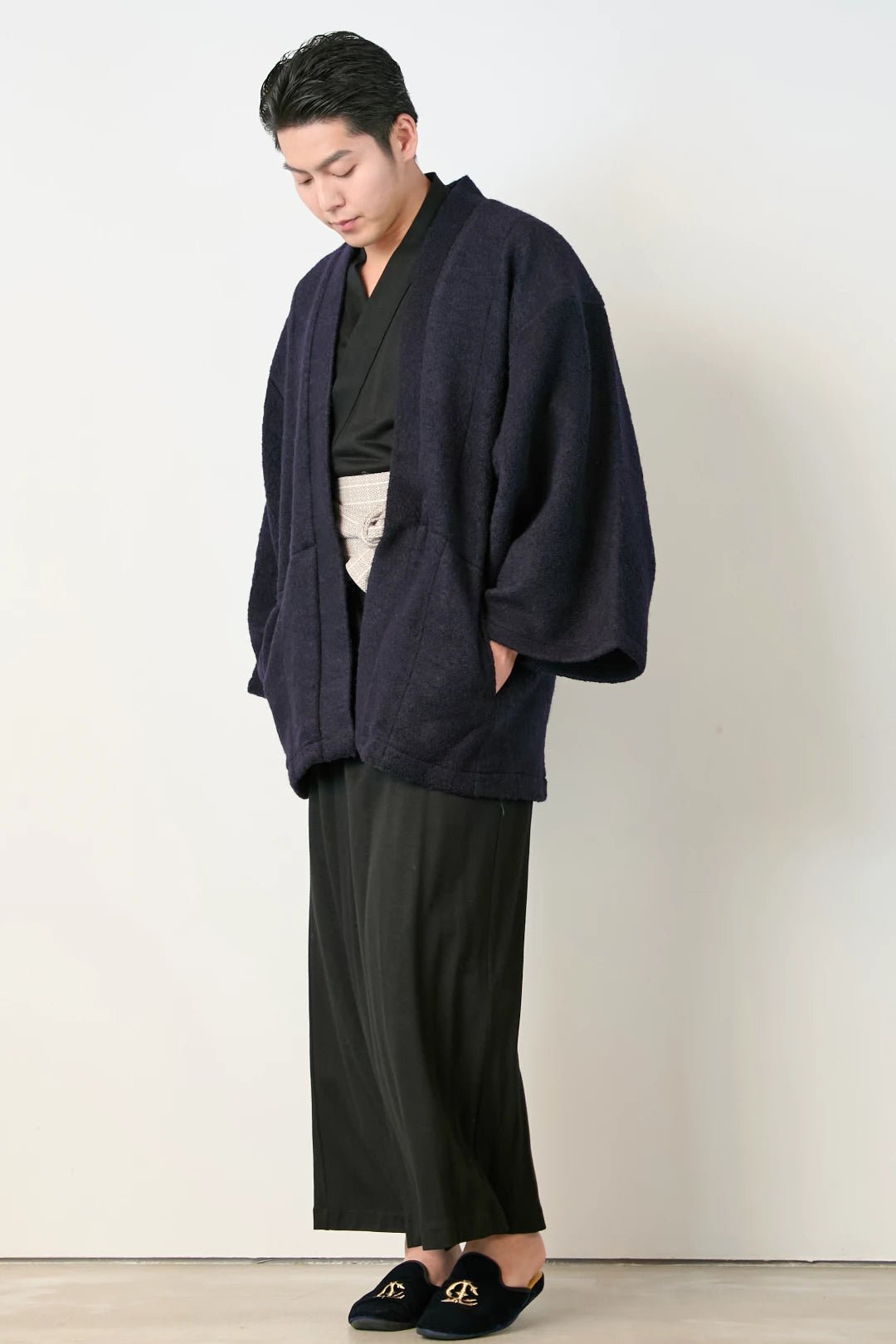 羽織ガウン（尾州ウール） - ネイビ - Haori Gown(Wool) - Navy - Nanafu｜YUKATA Roomwear