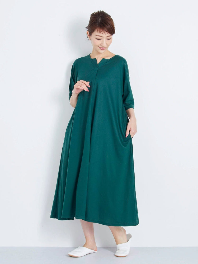 キーネック・ワンピース・プレミアム - グリーン -　Key neck one-piece Premium -Green- - Nanafu｜YUKATA Roomwear